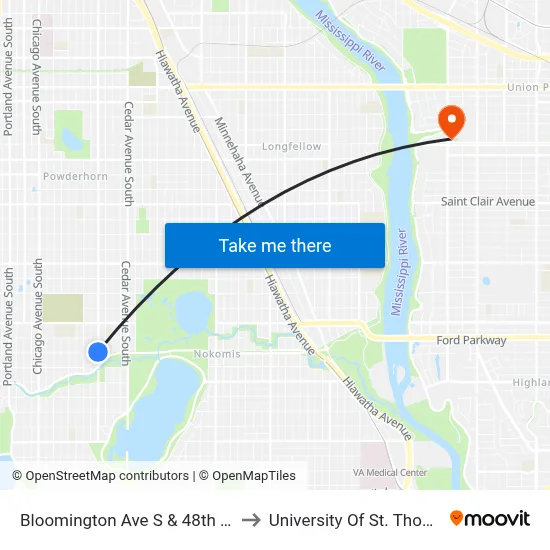 Bloomington Ave S & 48th St E to University Of St. Thomas map