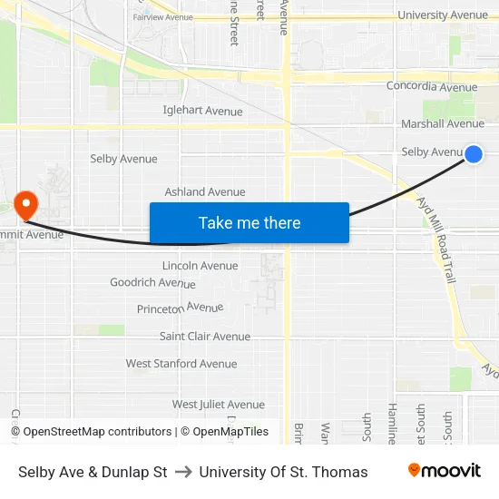 Selby Ave & Dunlap St to University Of St. Thomas map
