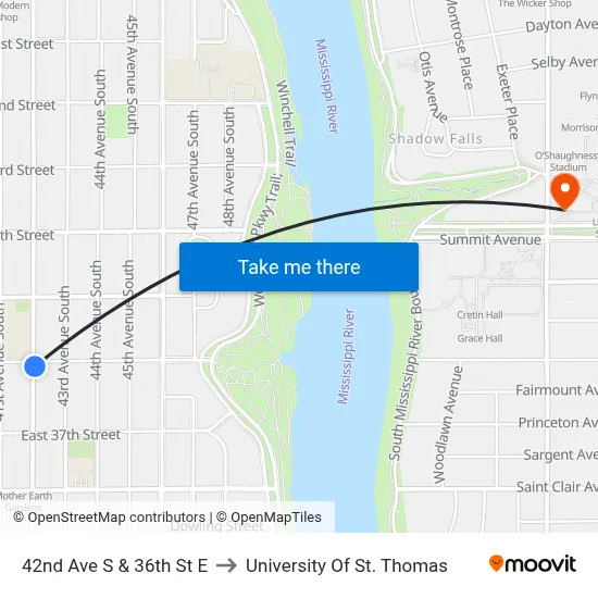 42nd Ave S & 36th St E to University Of St. Thomas map