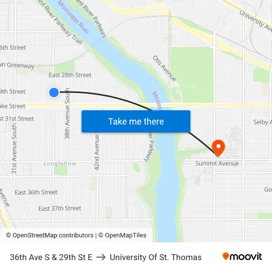 36th Ave S & 29th St E to University Of St. Thomas map