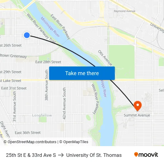 25th St E & 33rd Ave S to University Of St. Thomas map