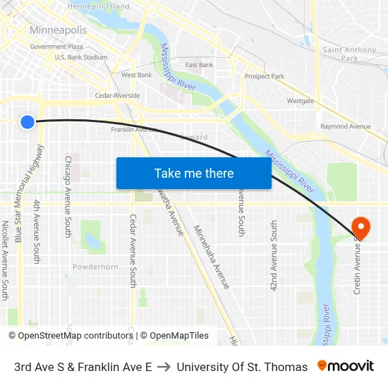 3rd Ave S & Franklin Ave E to University Of St. Thomas map
