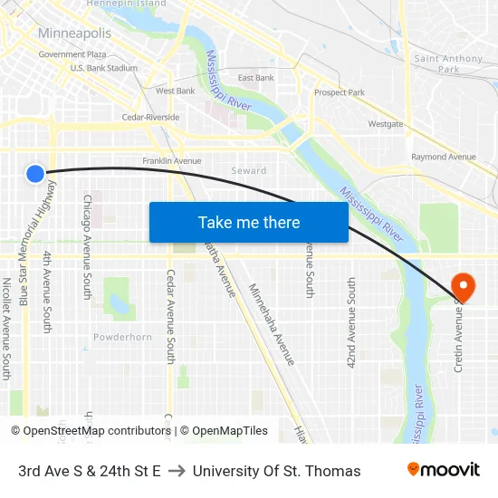 3rd Ave S & 24th St E to University Of St. Thomas map