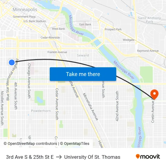 3rd Ave S & 25th St E to University Of St. Thomas map