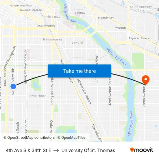 4th Ave S & 34th St E to University Of St. Thomas map