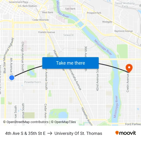 4th Ave S & 35th St E to University Of St. Thomas map