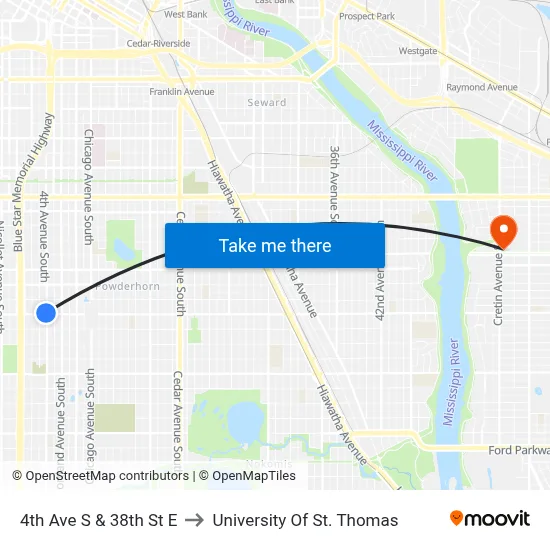 4th Ave S & 38th St E to University Of St. Thomas map