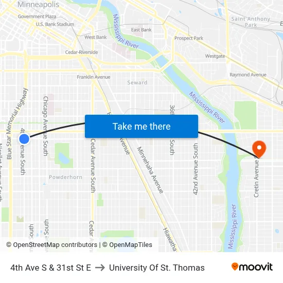 4th Ave S & 31st St E to University Of St. Thomas map