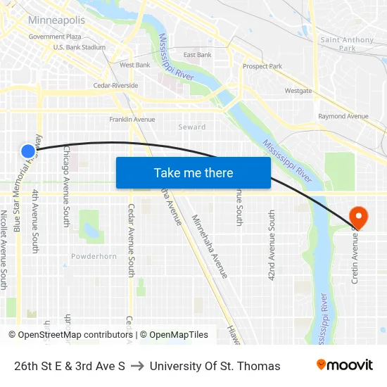 26th St E & 3rd Ave S to University Of St. Thomas map