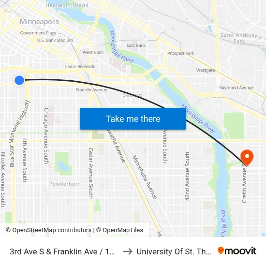 3rd Ave S & Franklin Ave / 19th St E to University Of St. Thomas map