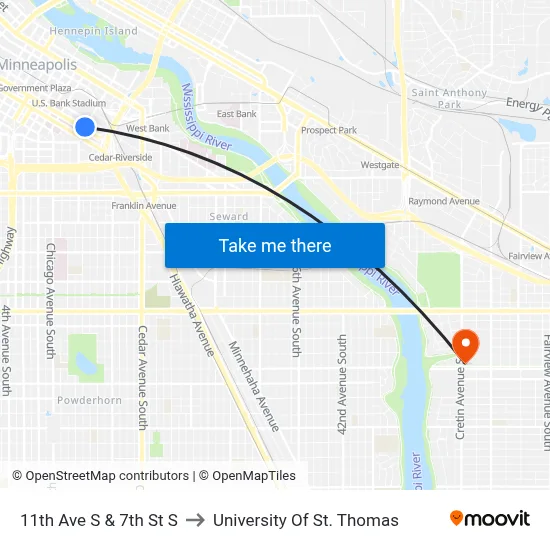 11th Ave S & 7th St S to University Of St. Thomas map