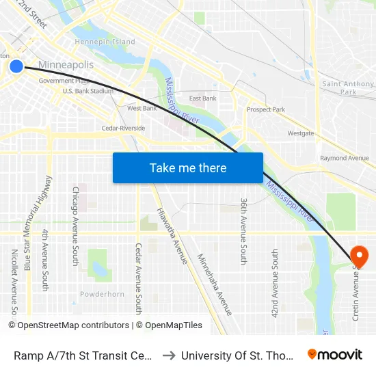 Ramp A/7th St Transit Center to University Of St. Thomas map