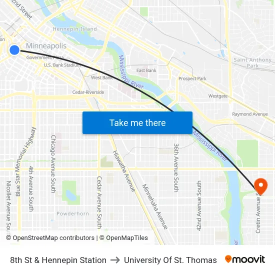 8th St & Hennepin Station to University Of St. Thomas map