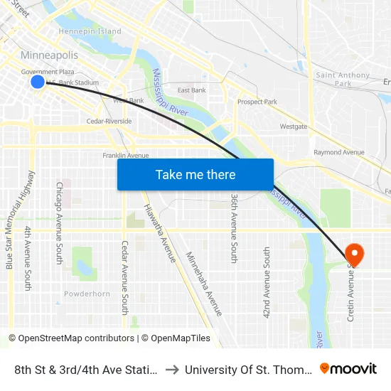 8th St & 3rd/4th Ave Station to University Of St. Thomas map