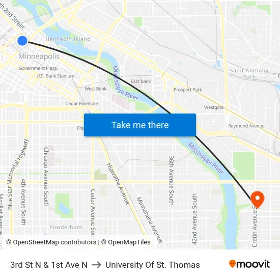 3rd St N & 1st Ave N to University Of St. Thomas map