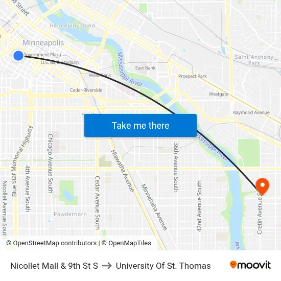 Nicollet Mall & 9th St S to University Of St. Thomas map