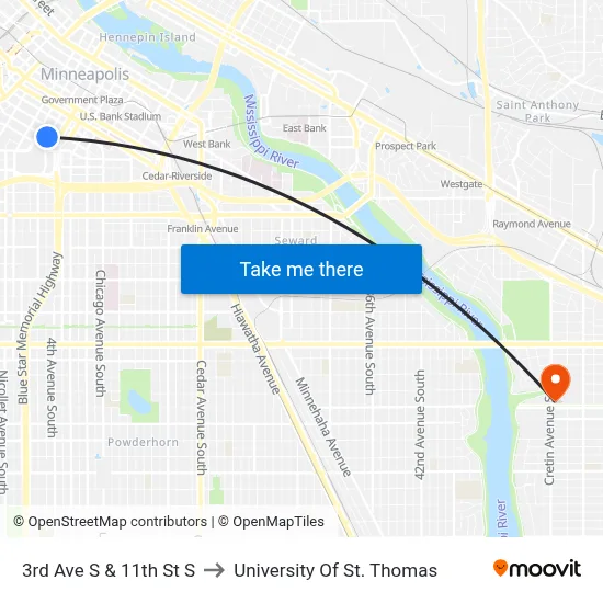 3rd Ave S & 11th St S to University Of St. Thomas map