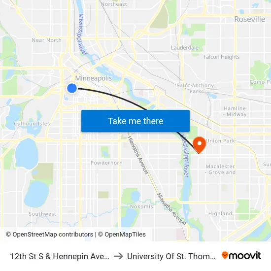 12th St S & Hennepin Ave S to University Of St. Thomas map