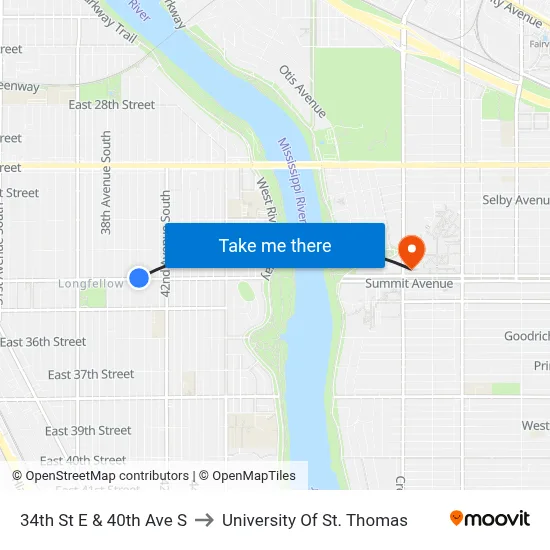 34th St E & 40th Ave S to University Of St. Thomas map