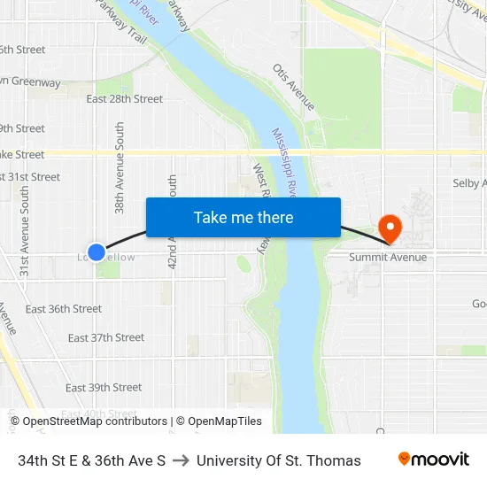34th St E & 36th Ave S to University Of St. Thomas map