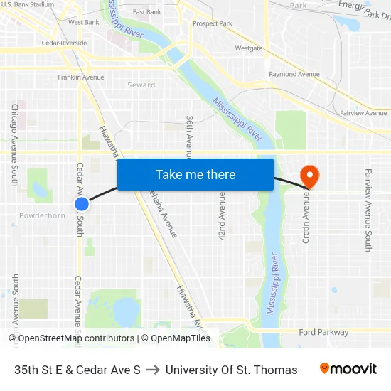 35th St E & Cedar Ave S to University Of St. Thomas map