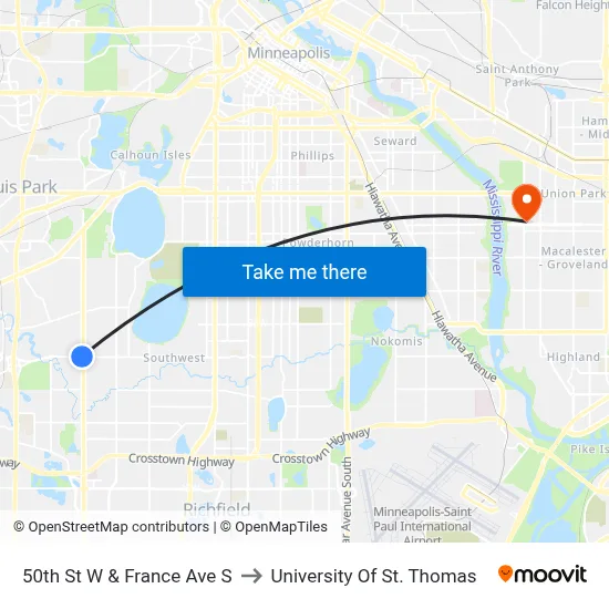 50th St W & France Ave S to University Of St. Thomas map