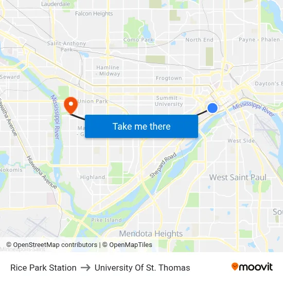 Rice Park Station to University Of St. Thomas map