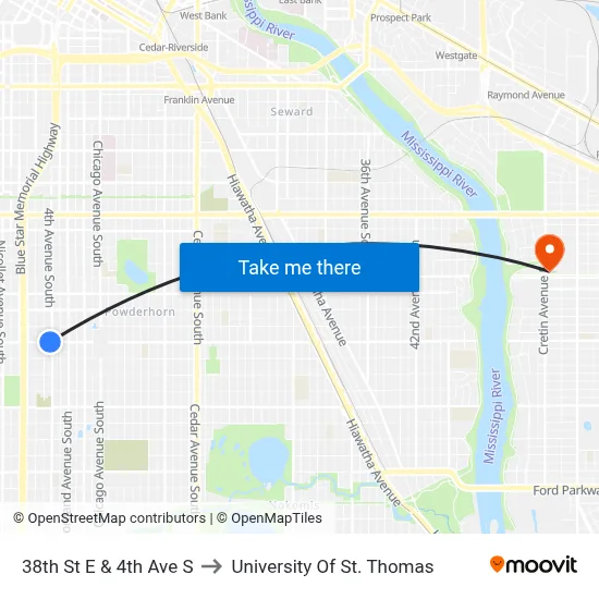 38th St E & 4th Ave S to University Of St. Thomas map