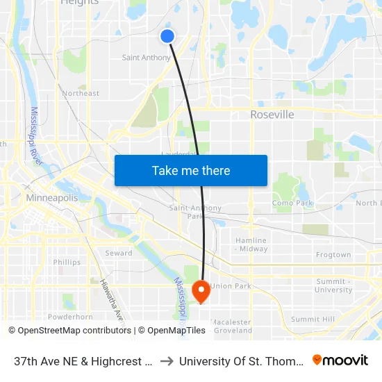 37th Ave NE & Highcrest Dr to University Of St. Thomas map