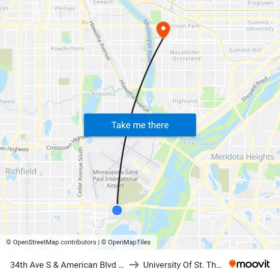 34th Ave S & American Blvd / I-494 to University Of St. Thomas map