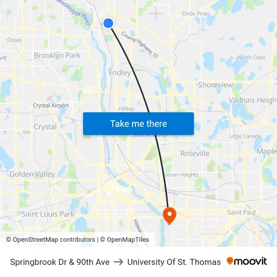 Springbrook Dr & 90th Ave to University Of St. Thomas map