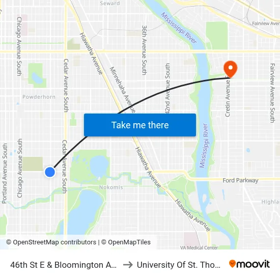 46th St E & Bloomington Ave S to University Of St. Thomas map
