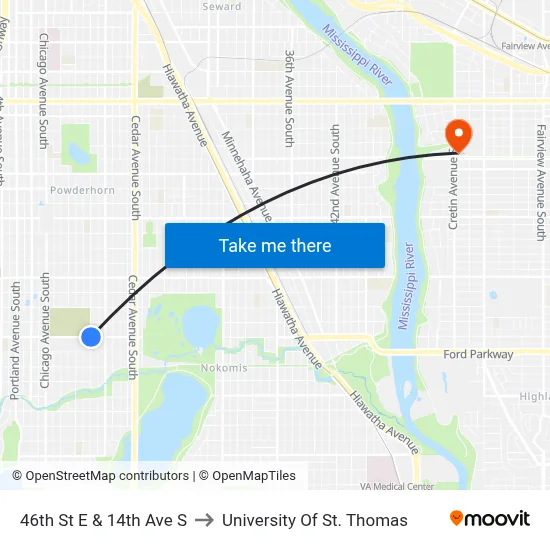 46th St E & 14th Ave S to University Of St. Thomas map