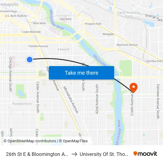 26th St E & Bloomington Ave S to University Of St. Thomas map