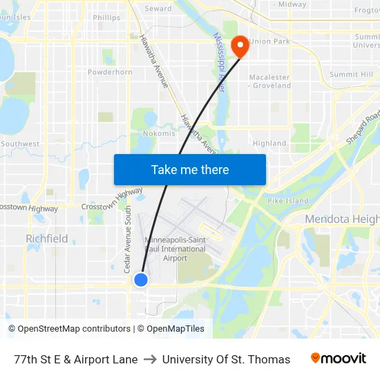 77th St E & Airport Lane to University Of St. Thomas map
