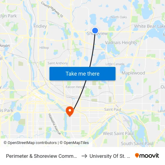 Perimeter & Shoreview Community Center to University Of St. Thomas map