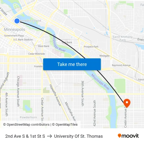 2nd Ave S & 1st St S to University Of St. Thomas map