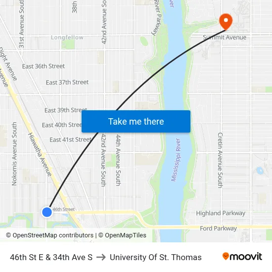46th St E & 34th Ave S to University Of St. Thomas map