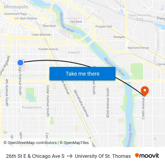 26th St E & Chicago Ave S to University Of St. Thomas map