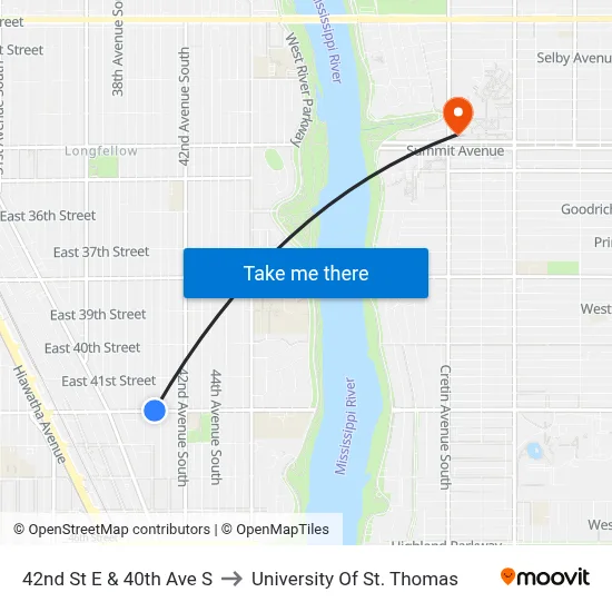 42nd St E & 40th Ave S to University Of St. Thomas map