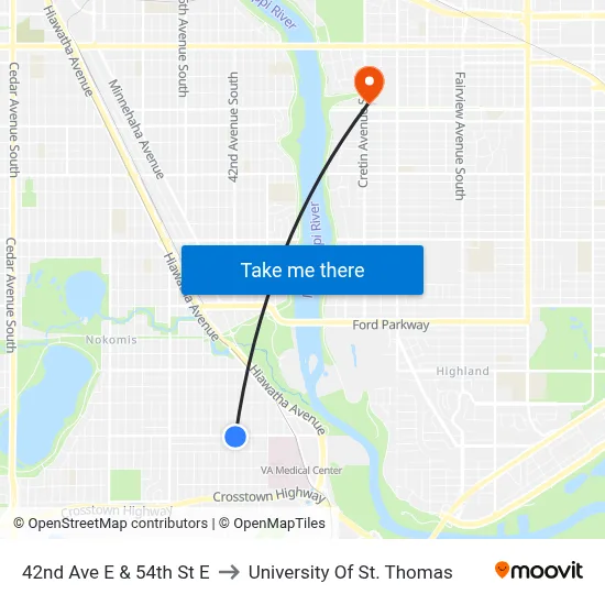 42nd Ave E & 54th St E to University Of St. Thomas map