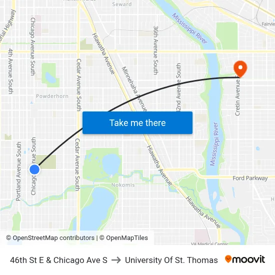 46th St E & Chicago Ave S to University Of St. Thomas map