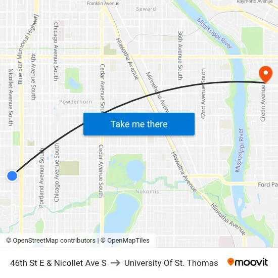46th St E & Nicollet Ave S to University Of St. Thomas map