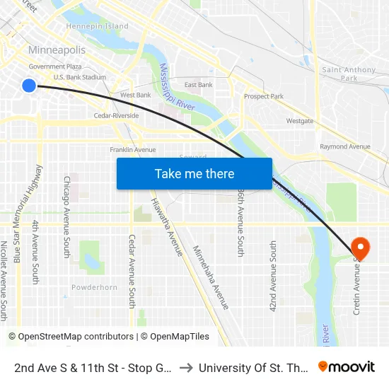 2nd Ave S & 11th St - Stop Group G to University Of St. Thomas map