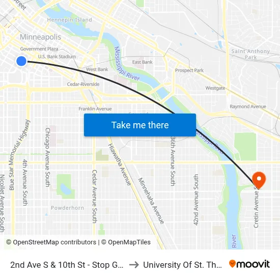 2nd Ave S & 10th St - Stop Group H to University Of St. Thomas map