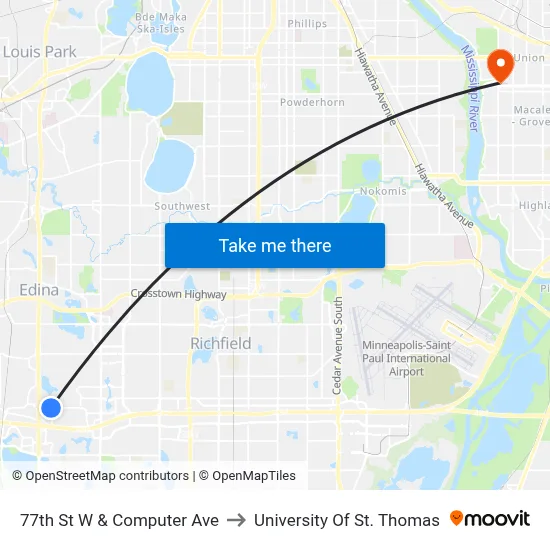 77th St W & Computer Ave to University Of St. Thomas map