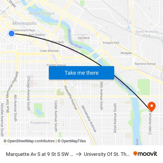 Marquette Av S at 9 St S SW Corner to University Of St. Thomas map