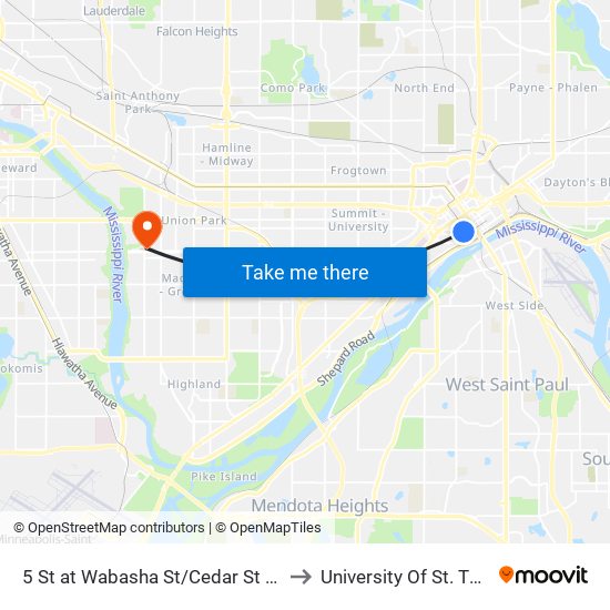 5 St at Wabasha St/Cedar St S Corner to University Of St. Thomas map
