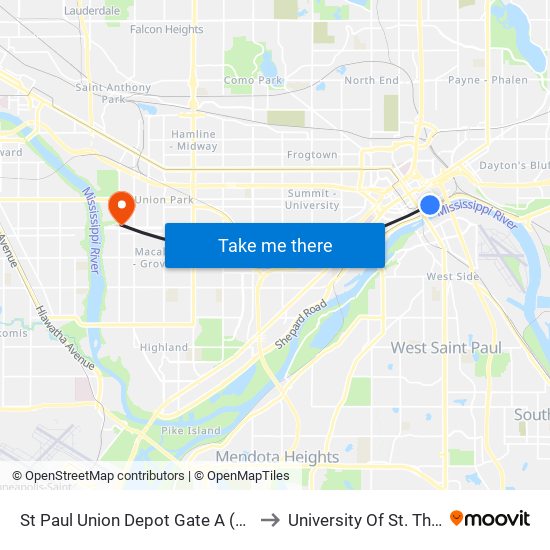 St Paul Union Depot Gate A (Dropoff) to University Of St. Thomas map