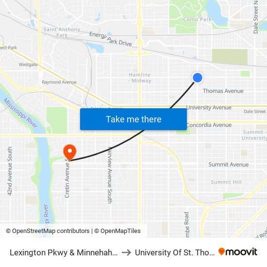 Lexington Pkwy & Minnehaha Ave to University Of St. Thomas map